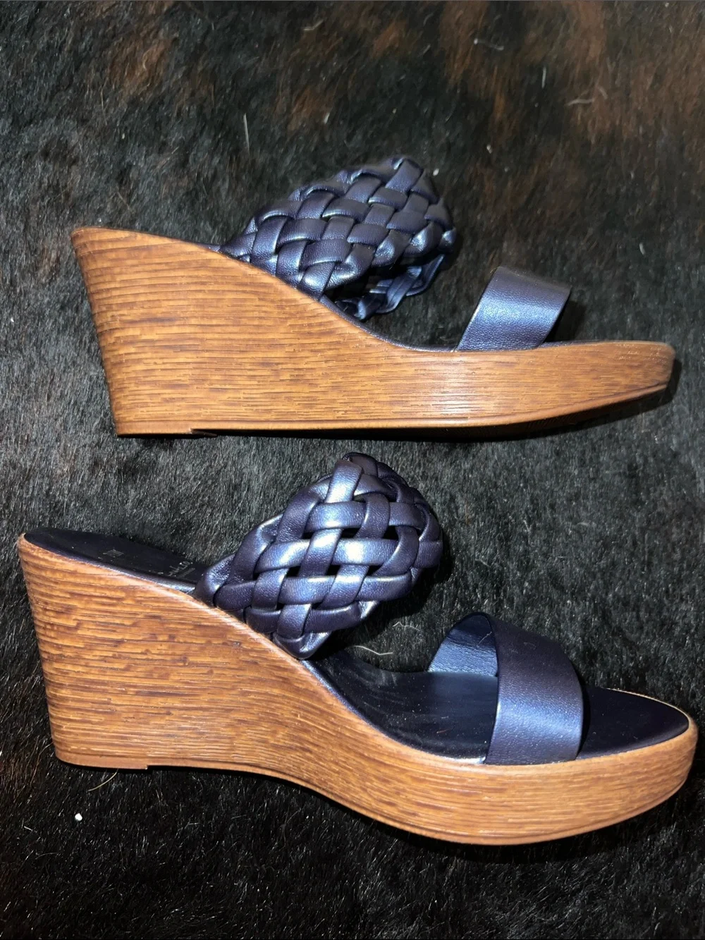 NWOT! Contesa Made in Italy Metallic Navy Braided Wedge Sandals - Women 7.5W